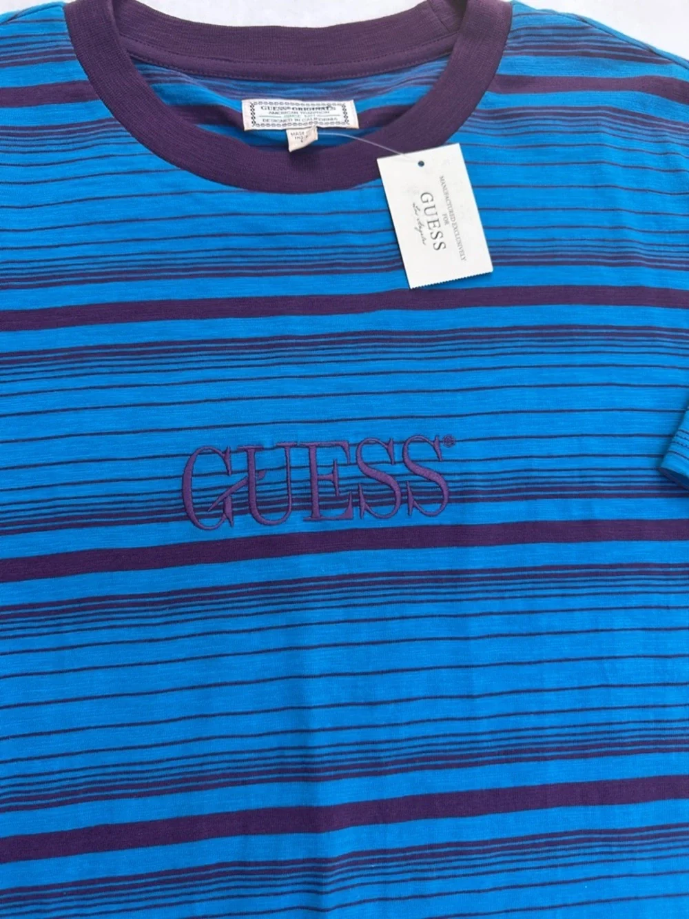 New Guess ORIGINALS Blue Striped Short Sleeve Tee with Purple Trim SZ L - Picture 5 of 6